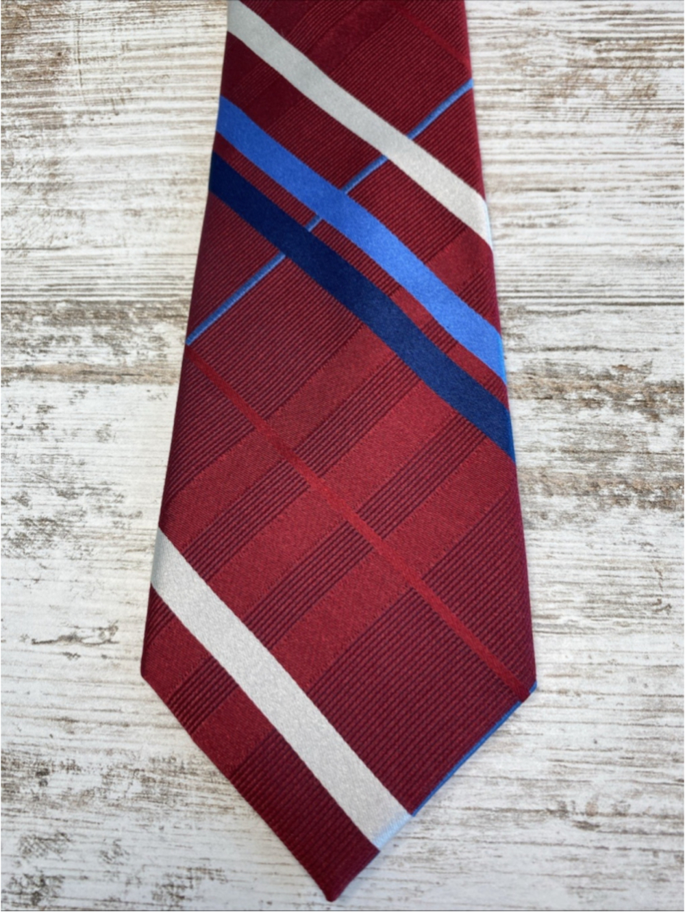 Rooster Silk Tie Red Blue Geometric Plaid Stripe Mens Ivy Prep Necktie